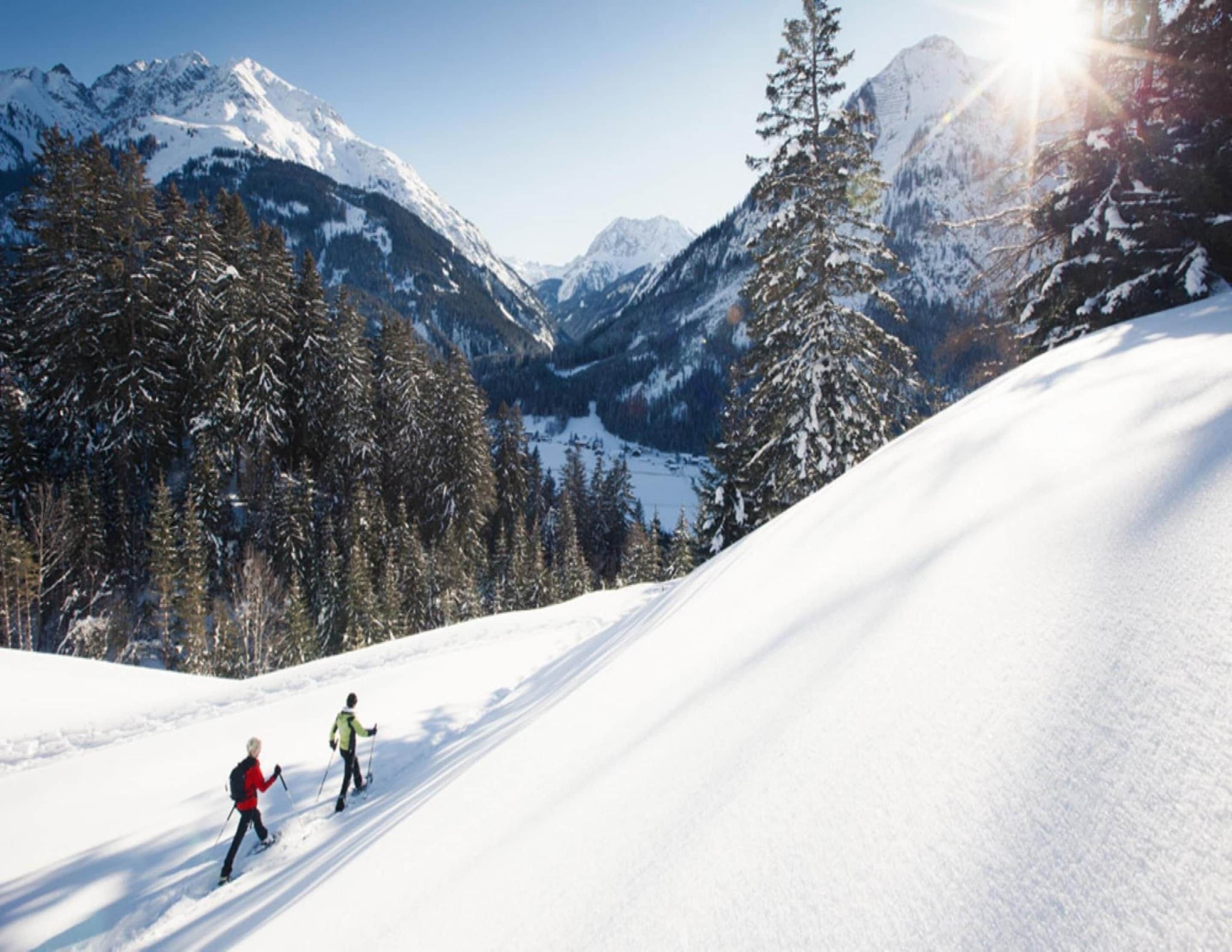 A snowy mountain landscape with two skiers.