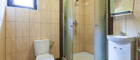 A bathroom with a toilet, a glass-enclosed shower, and a sink.