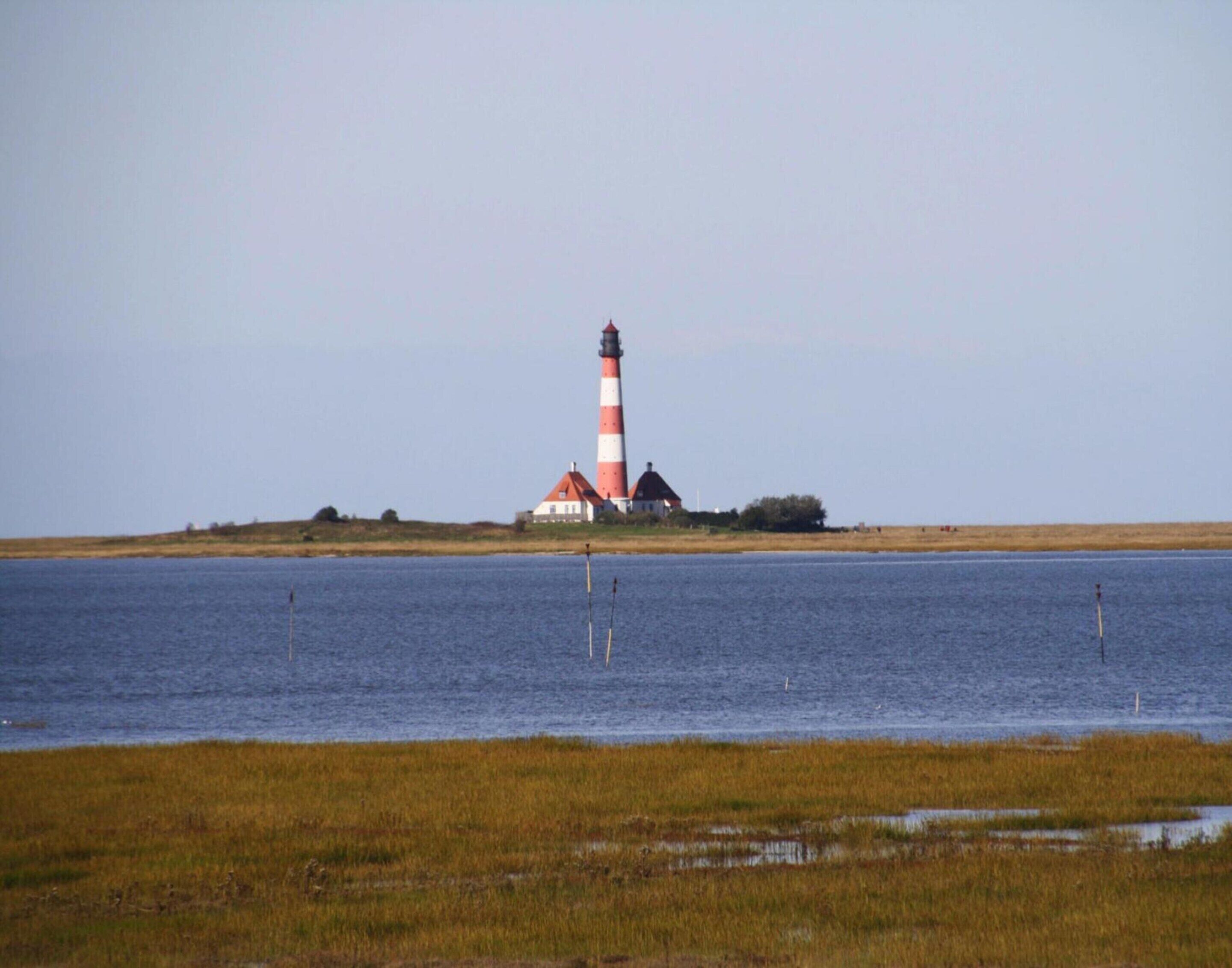 A lighthouse with a red and white striped tower, a small building with a red roof, and a grassy shoreline with water in the foreground.