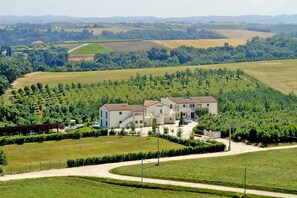 A residential area with a large house, a paved driveway, and surrounding green fields.