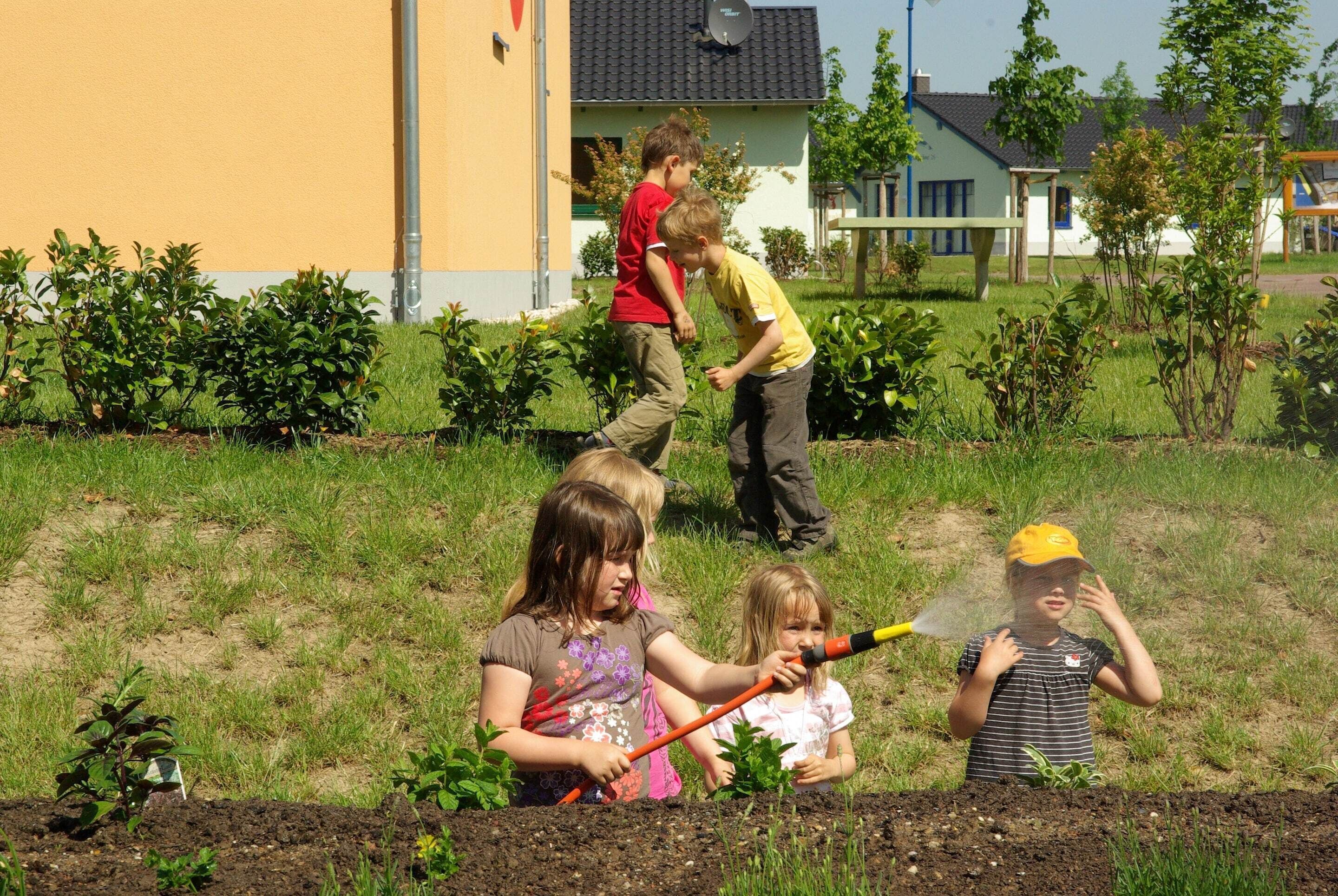 Children playing in a garden with a house in the background.
