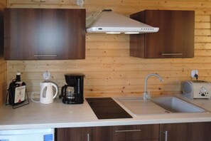 Fridge, coffee/tea maker, electric kettle, high chair