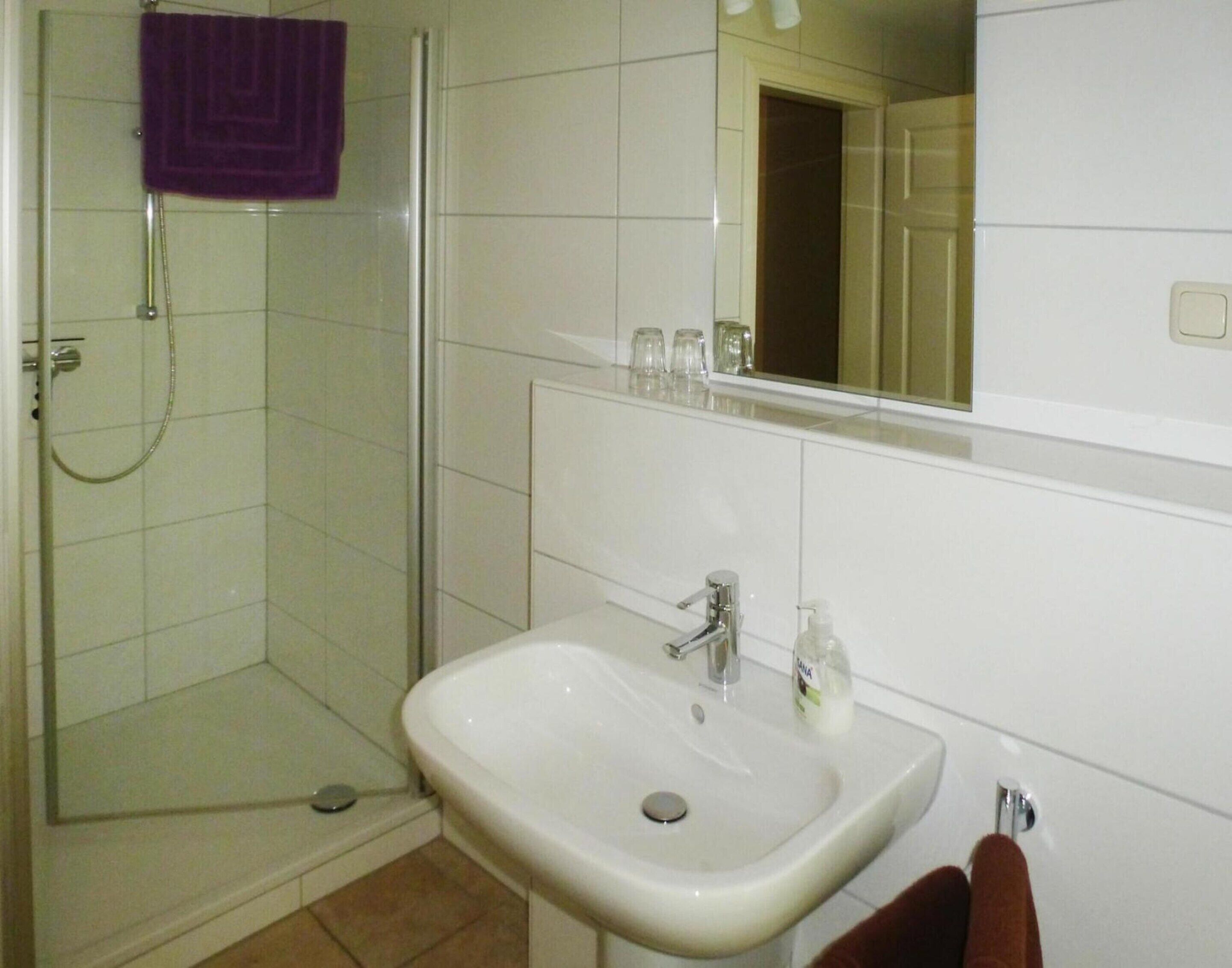 A bathroom with a shower, a sink, and a mirror.