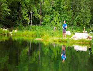 A person fishing by a calm pond surrounded by lush greenery. - Holiday Home in Gaal im Murtal in a Beautiful Setting (Gaal)