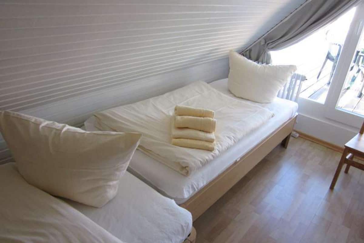 A single bed with white linens and pillows, a wooden headboard, and a view of the outdoors through a window.