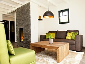 Deluxe House, 3 Bedrooms | Living room | Fireplace - Holiday Home in Drewitz With a Shared Pool (Nossentiner Huette)