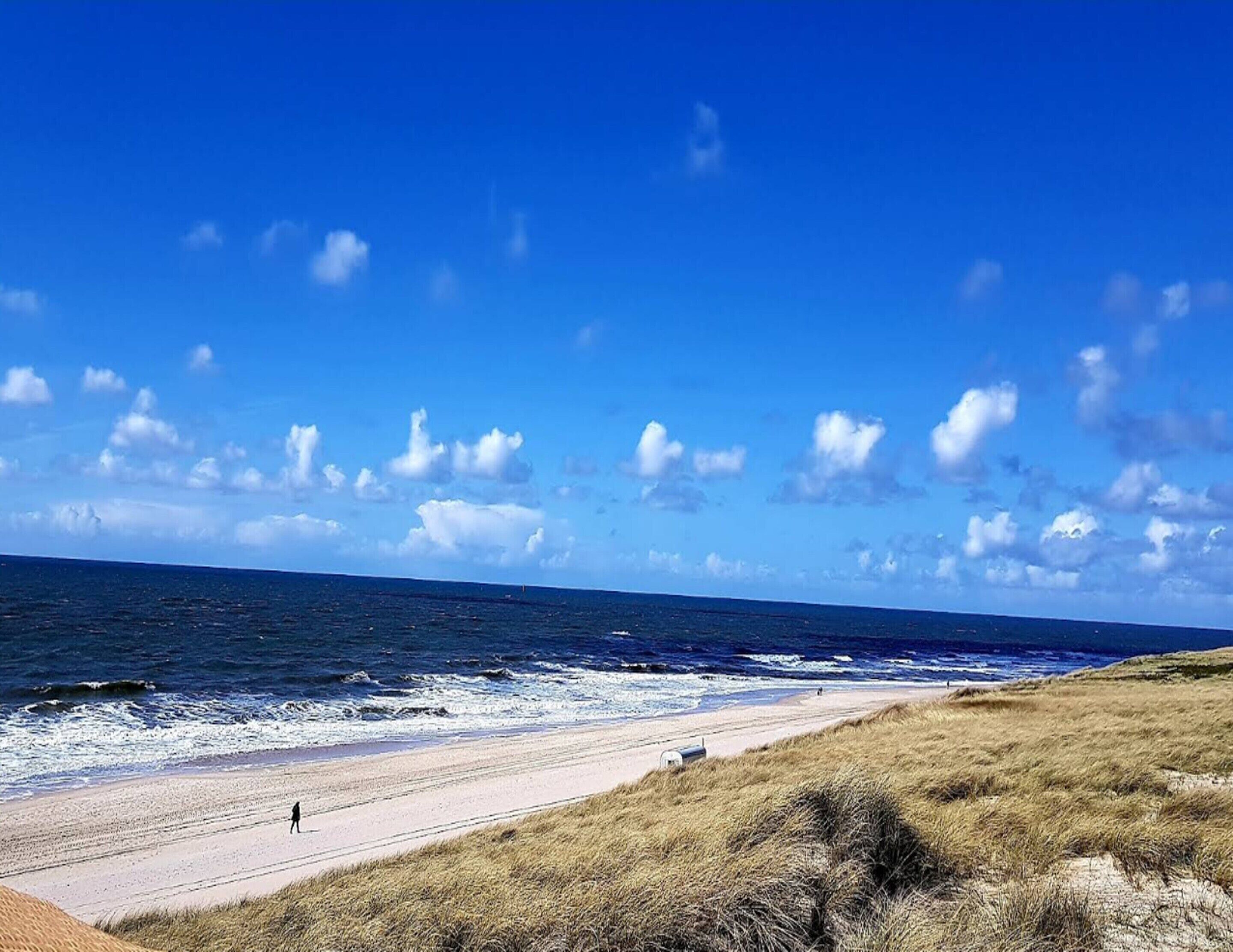Una playa con cielo despejado y olas.