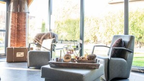 A modern living room with a fireplace, large windows, and comfortable seating. - Modern & Garden-view Holiday Home in Alphen (Alphen)