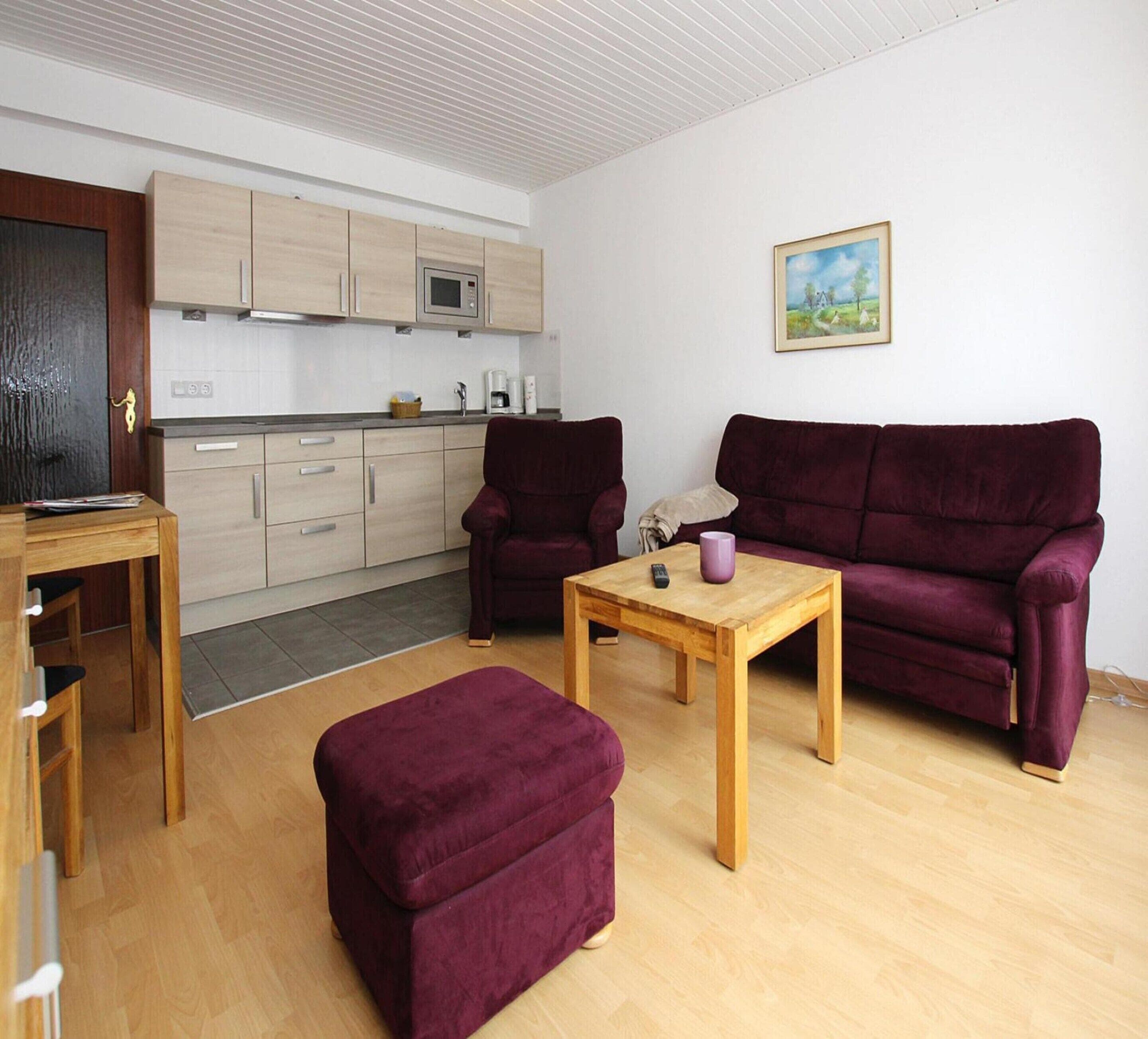 A compact living space with a kitchen area, a sofa set, a coffee table, and a television.