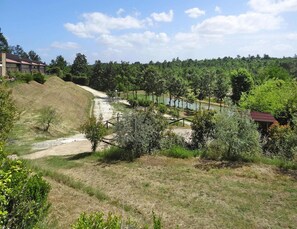 A landscaped area with a dirt path, a small water feature, and a building with a red roof in the background. - Hesse Farm Holiday Borgo Pinete (Fucecchio)