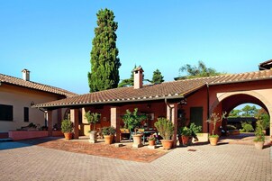 Un patio con zona de estar cubierta, plantas en macetas y un árbol alto.