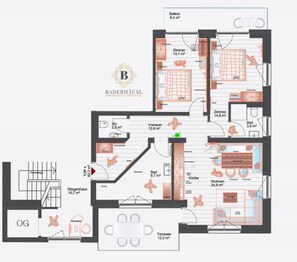 Plan d’étage d’un appartement Baderhäusl avec balcon, salon, cuisine et terrasse.