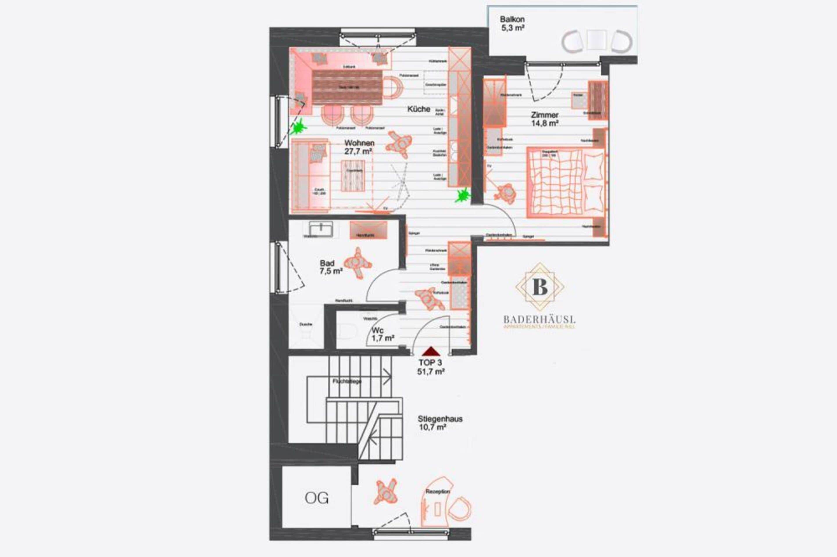 Plano de un hotel que muestra una sala de estar, cocina, baño y balcón.