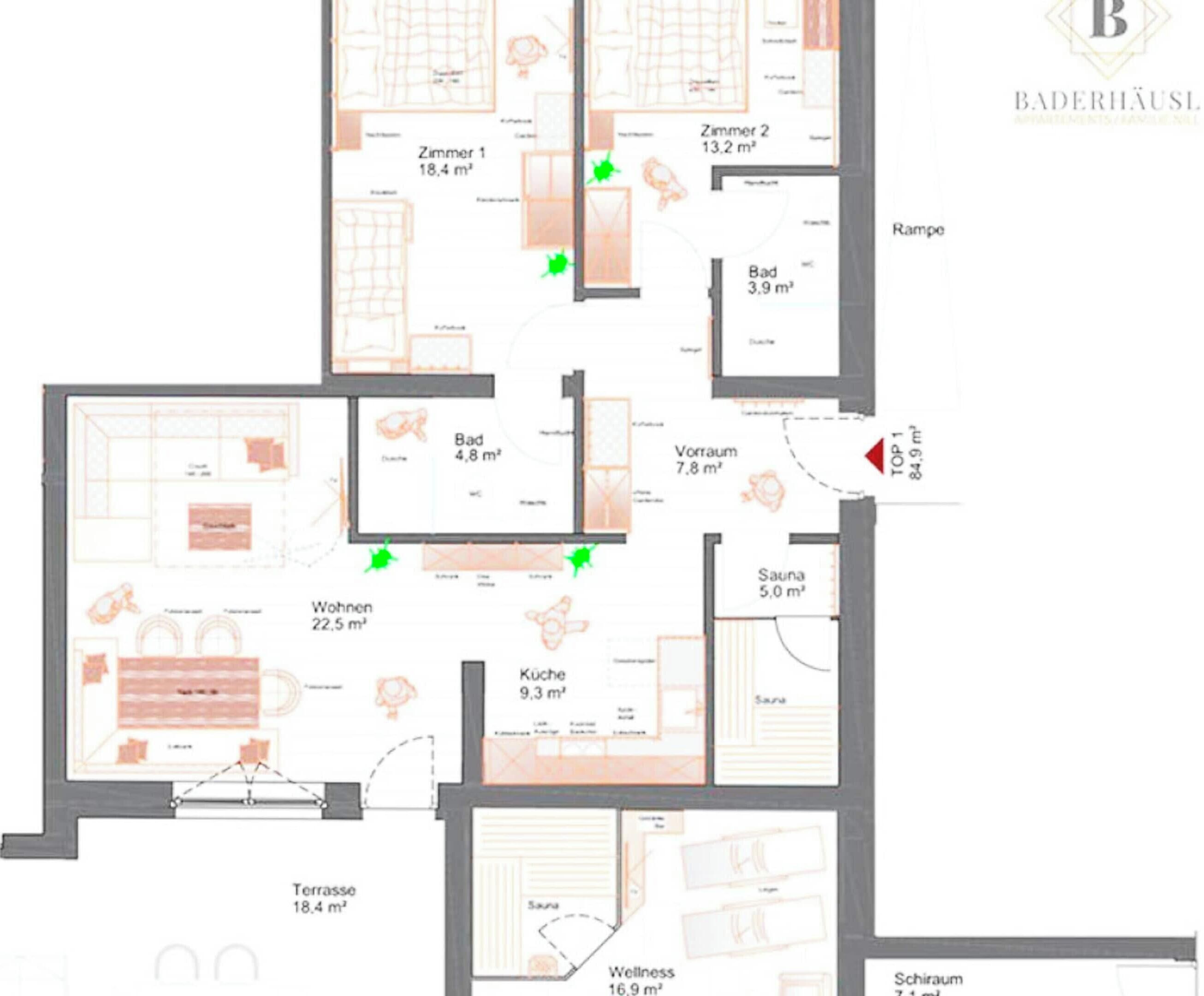 Een plattegrond van een hotelkamer met meerdere ruimtes, waaronder een keuken, een woonkamer, een badkamer en een sauna.