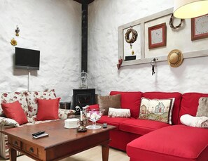 Comfort huis, 2 slaapkamers | Woonkamer | Een open haard en een dvd-speler