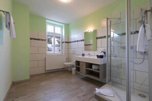 A bathroom with a toilet, sink, and shower. - Apartment Remise, Wernigerode (Wernigerode)