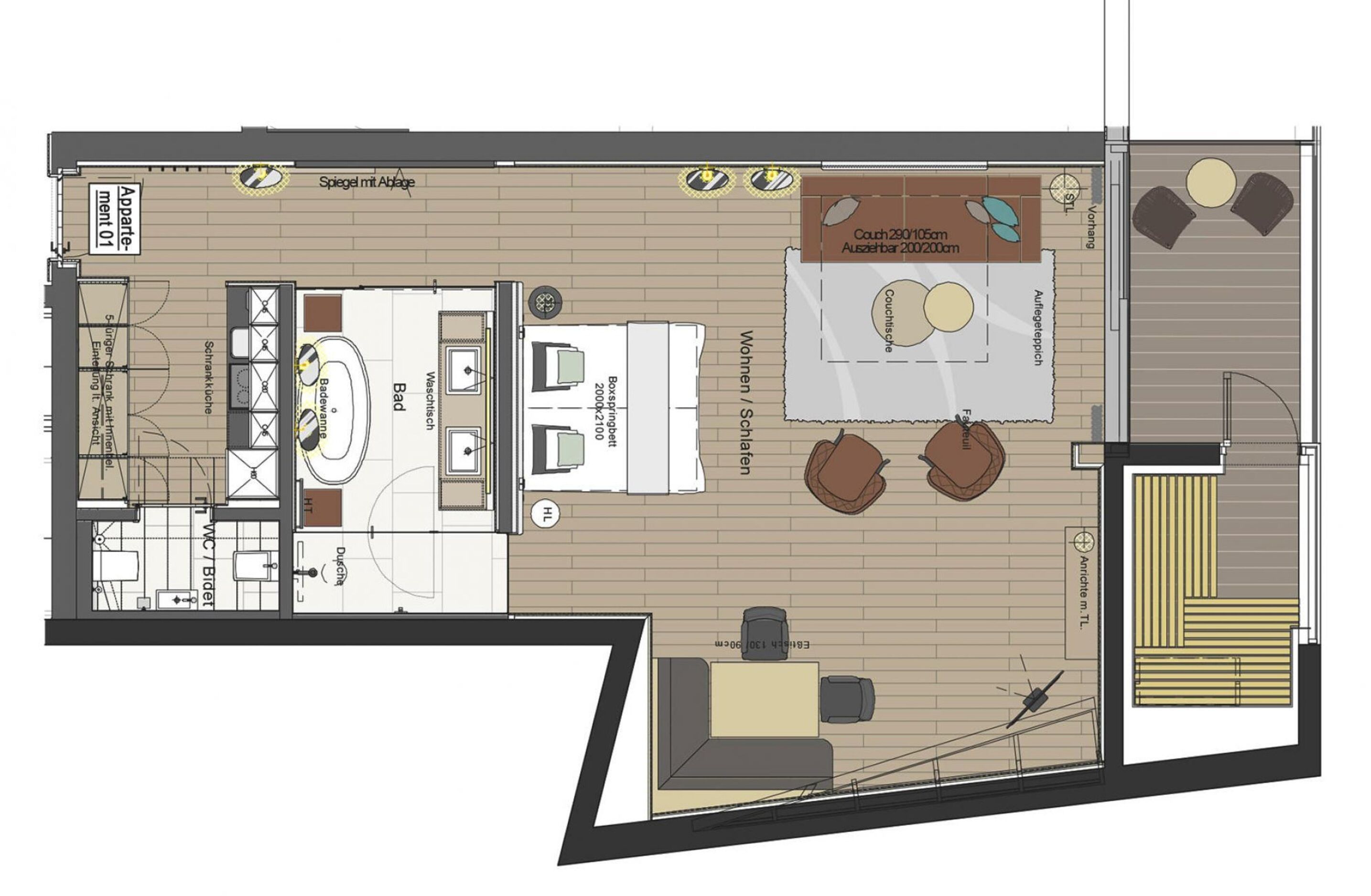 Un hôtel proposant des chambres avec un espace de vie, une cuisine, deux chambres et une salle de bain.
