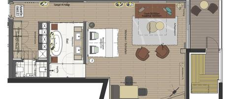 Un hôtel proposant des chambres avec un espace de vie, une cuisine, deux chambres et une salle de bain.