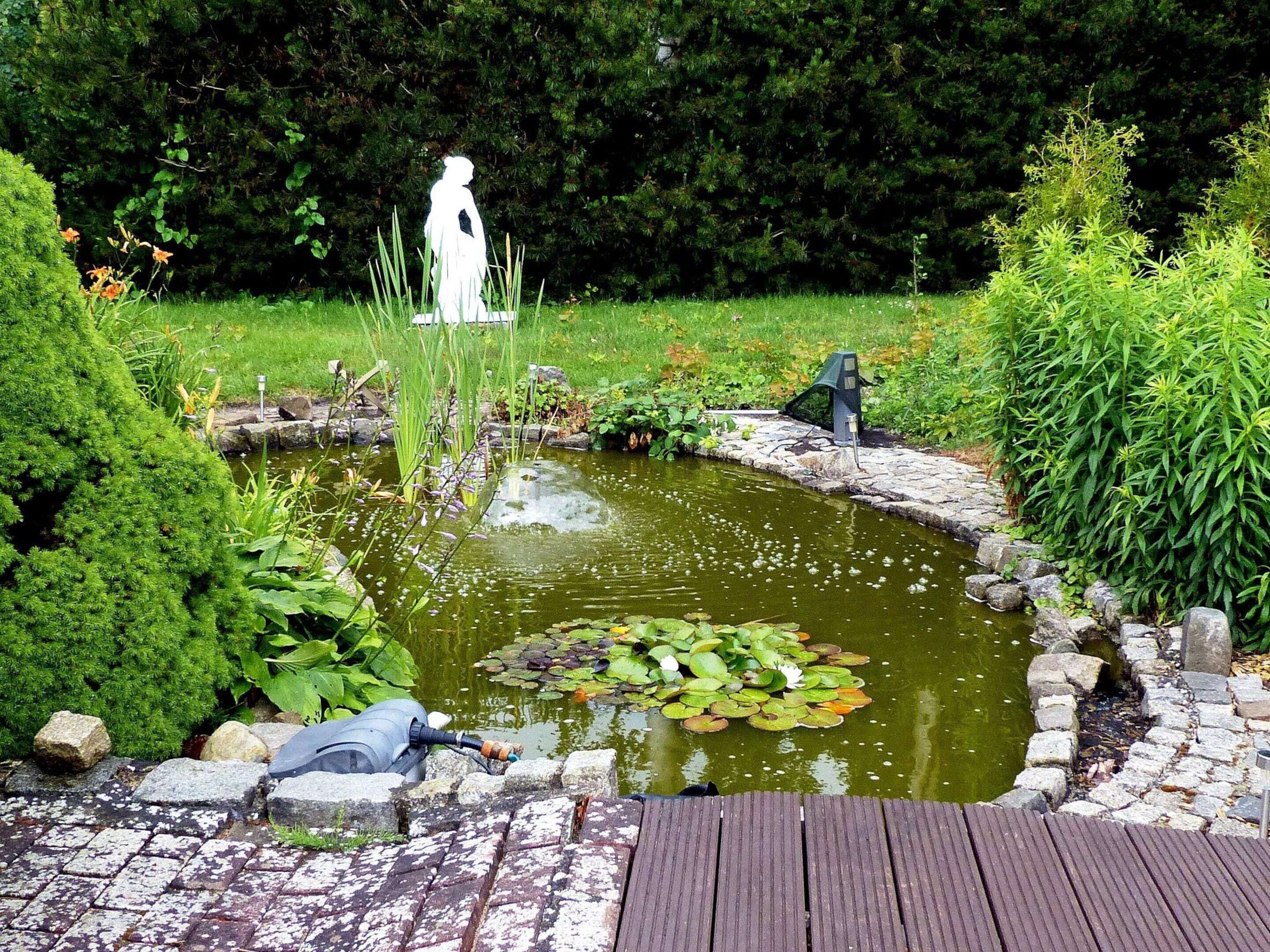 A garden with a pond, a statue, and a wooden deck.