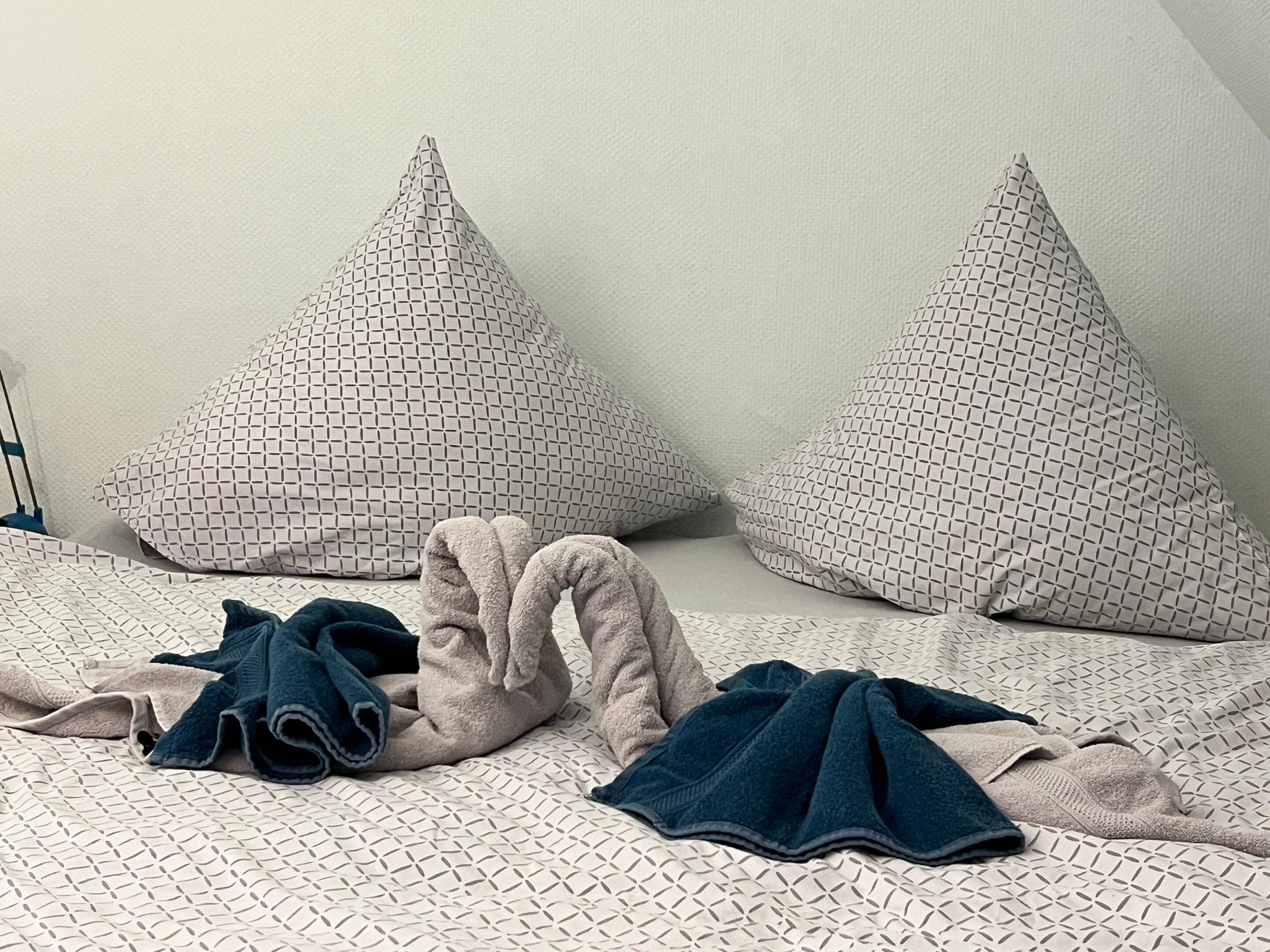 Una cama con una colcha estampada y dos almohadas con diseño geométrico.