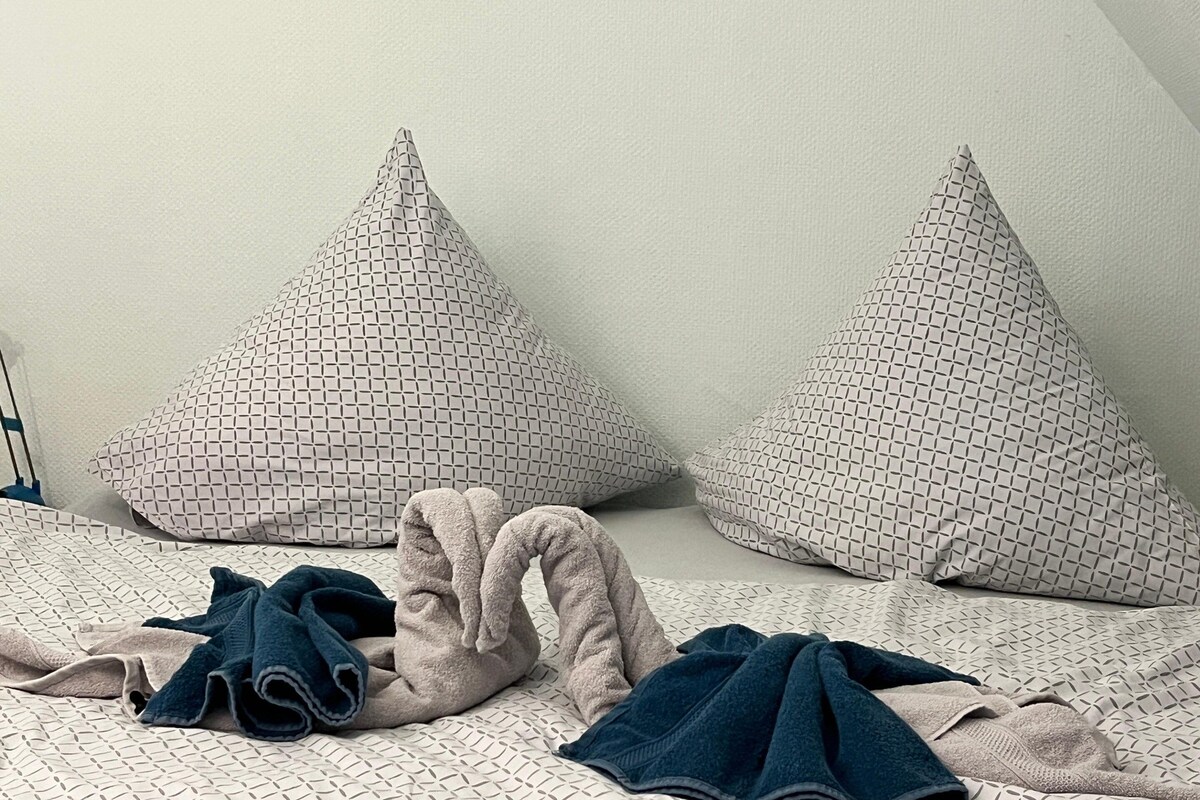 A bed with a patterned bedspread and two pillows with a geometric design.