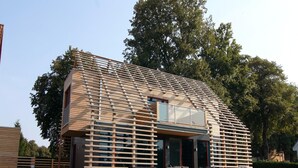 Ein modernes Haus mit Satteldach, großen Fenstern und Holzfassade.