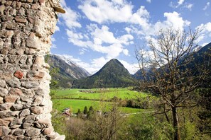 Ein Steinhaus mit Blick auf eine gebirgige Landschaft und einem Baum im Vordergrund.