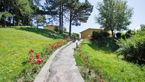 Un vialetto in pietra conduce a un edificio circondato da vegetazione e fiori rossi.