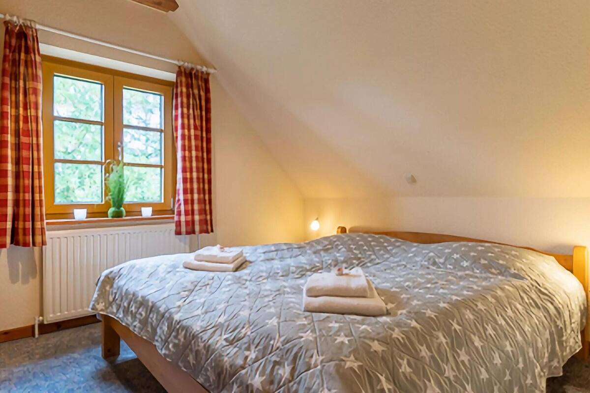 Une chambre avec un grand lit, une fenêtre avec des rideaux, un radiateur et une plante.
