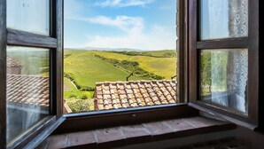 Vista desde una ventana con tejado de cerámica, que da a un paisaje verde con colinas onduladas y cielo despejado.