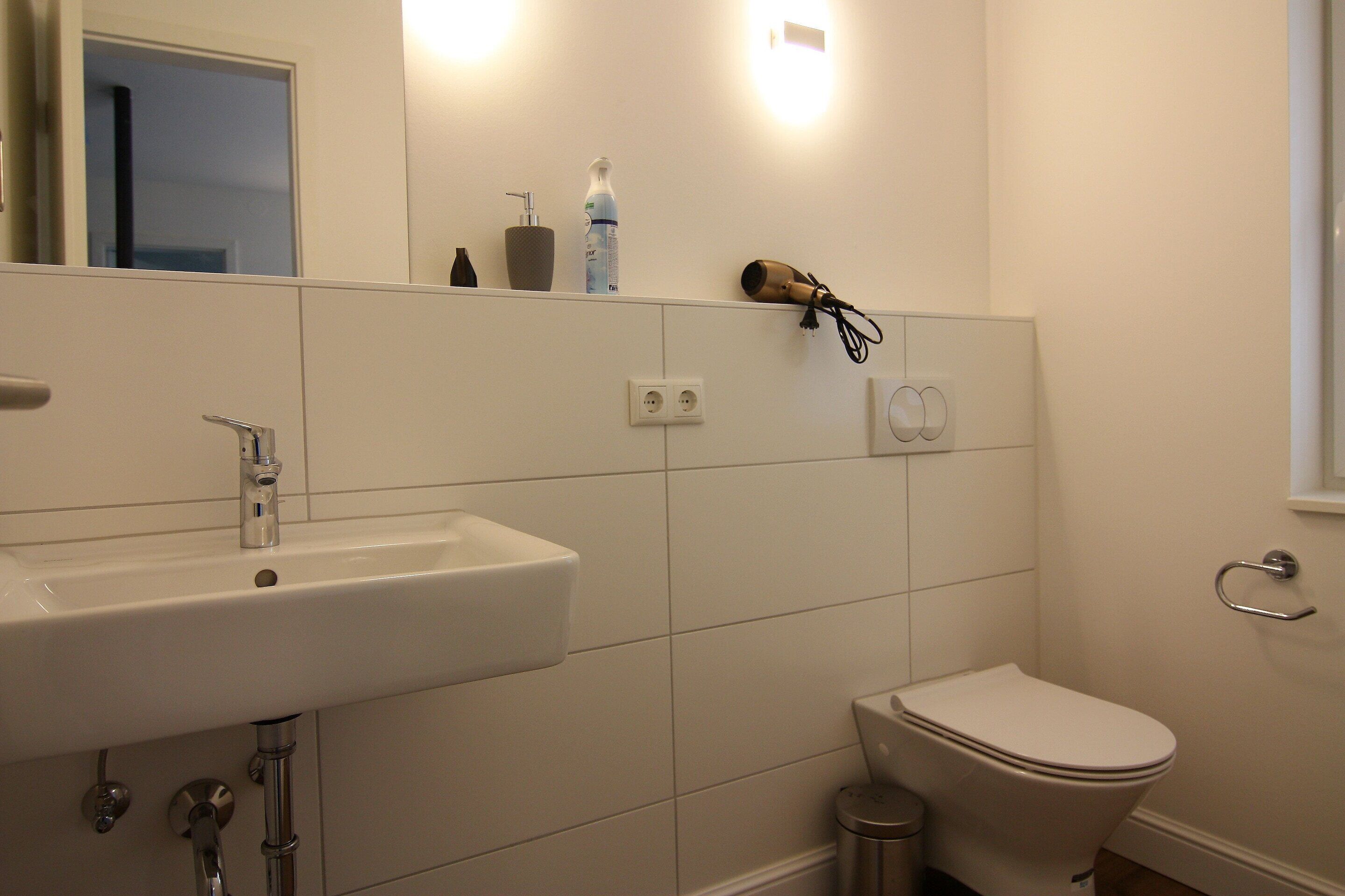 A bathroom with a white sink, a toilet, and a mirror.