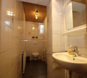 A bathroom with a toilet, sink, mirror, and a small window. - Ferienwohnung mit Weitem Ausblick in Altenau (Clausthal-Zellerfeld)