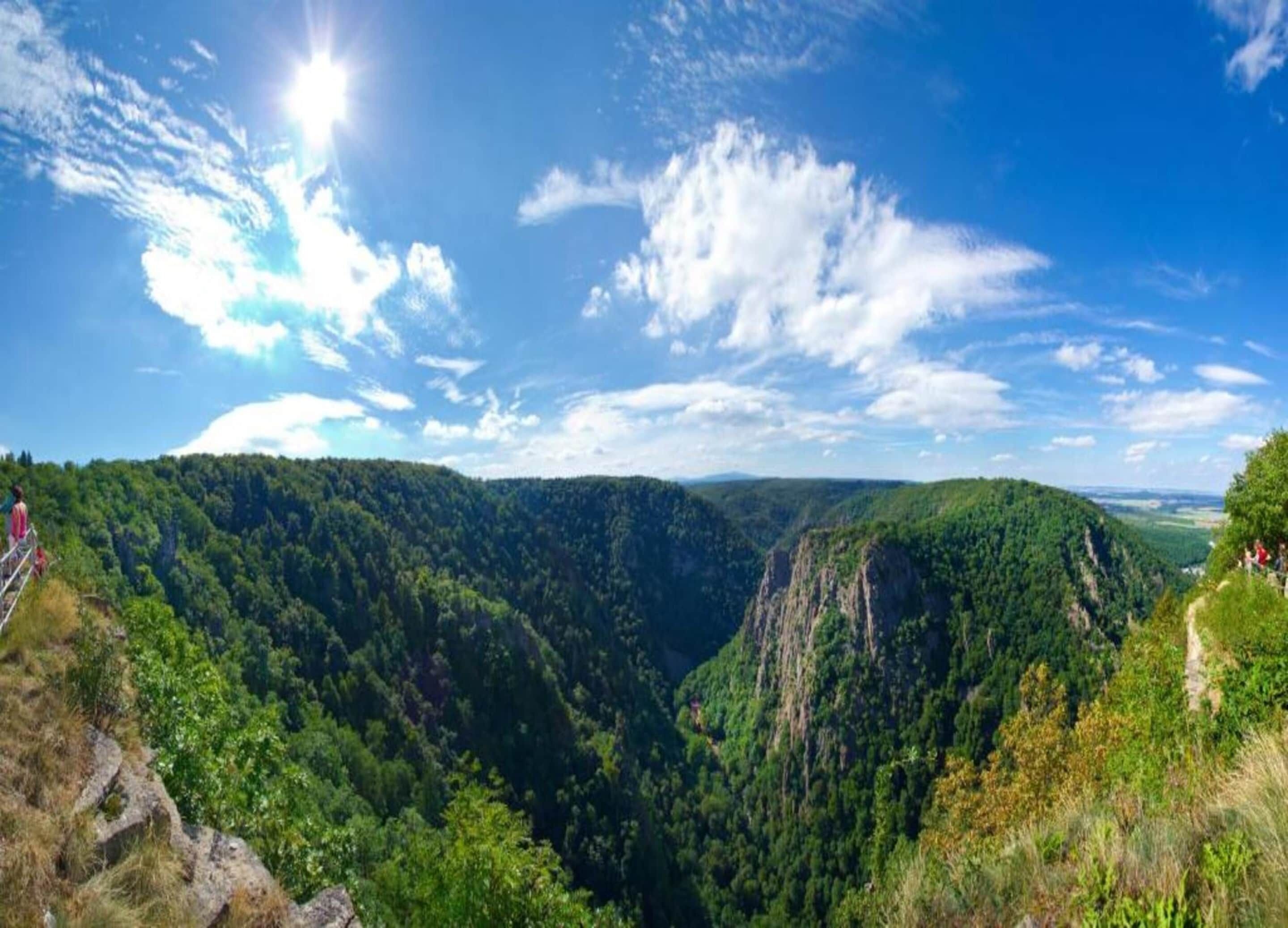 A panoramic view of a lush valley with a clear sky and a distant mountain range.