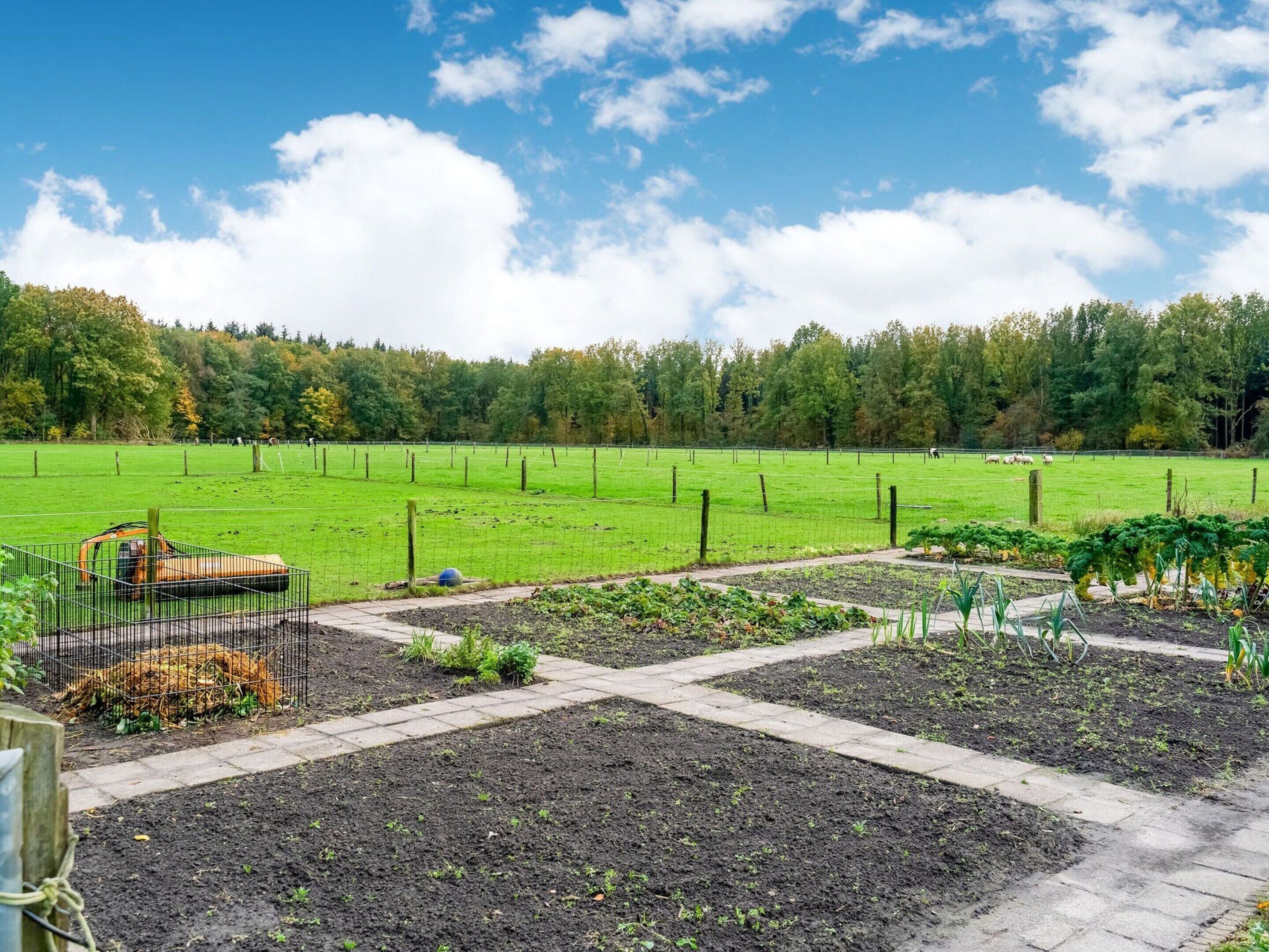 A rural landscape with a fenced field, a tractor, and a vegetable garden.