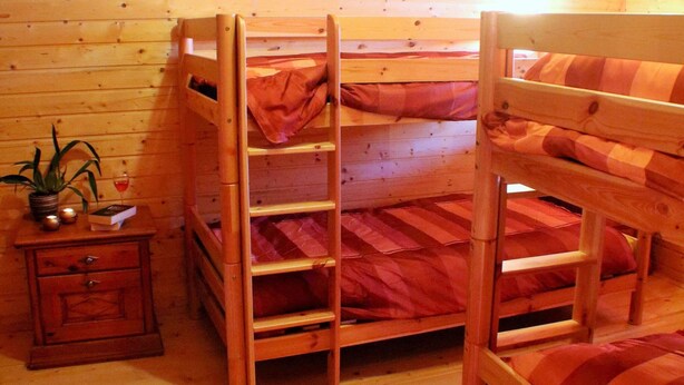 A bunk bed room with a wooden floor, a small wooden nightstand with a plant and a book, and a striped rug. - Detached Wooden Chalet in Liebenfels / Carinthia Near the Simonhohe ski Area (Liebenfels)