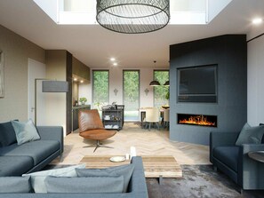 Deluxe-Villa, 3 Schlafzimmer | Wohnzimmer | Kamin