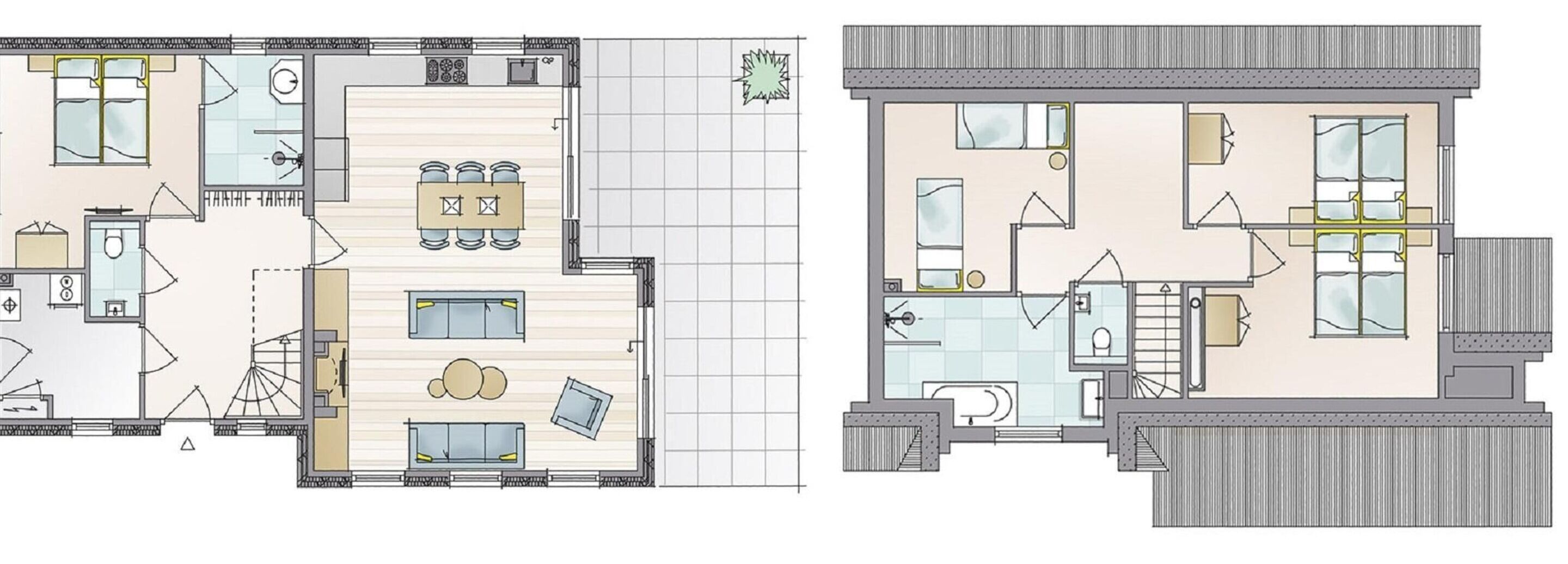 Plano de planta de un hotel que muestra un comedor, cocina y varias habitaciones.