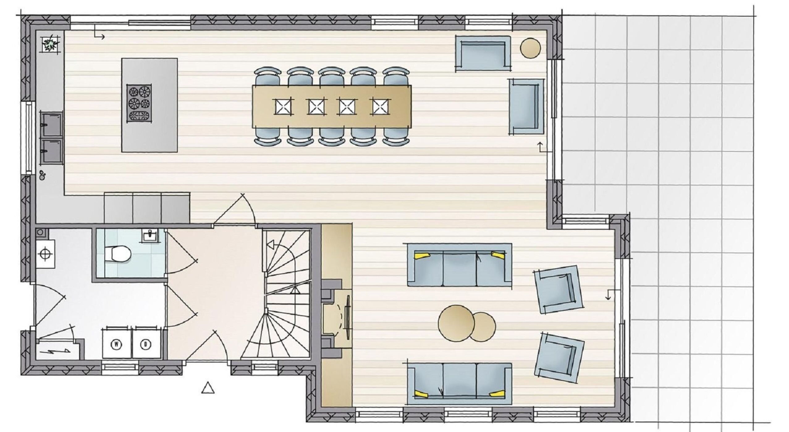 A floor plan of a hotel room with a dining area, a kitchen, a bathroom, and a living area.