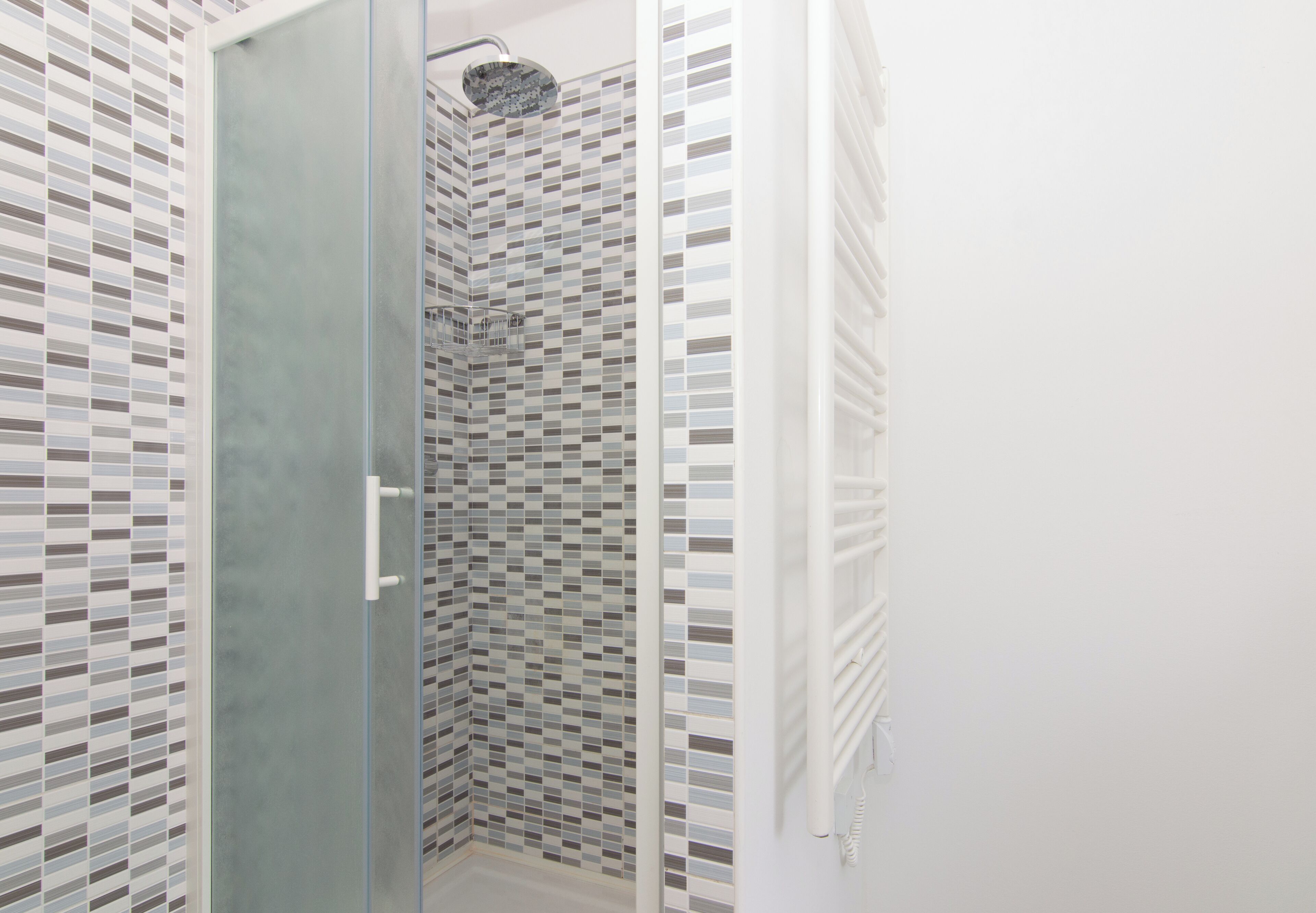 A glass-enclosed shower with a tiled wall.