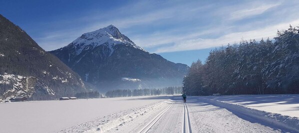 A snow-covered ski trail with a mountain in the background.