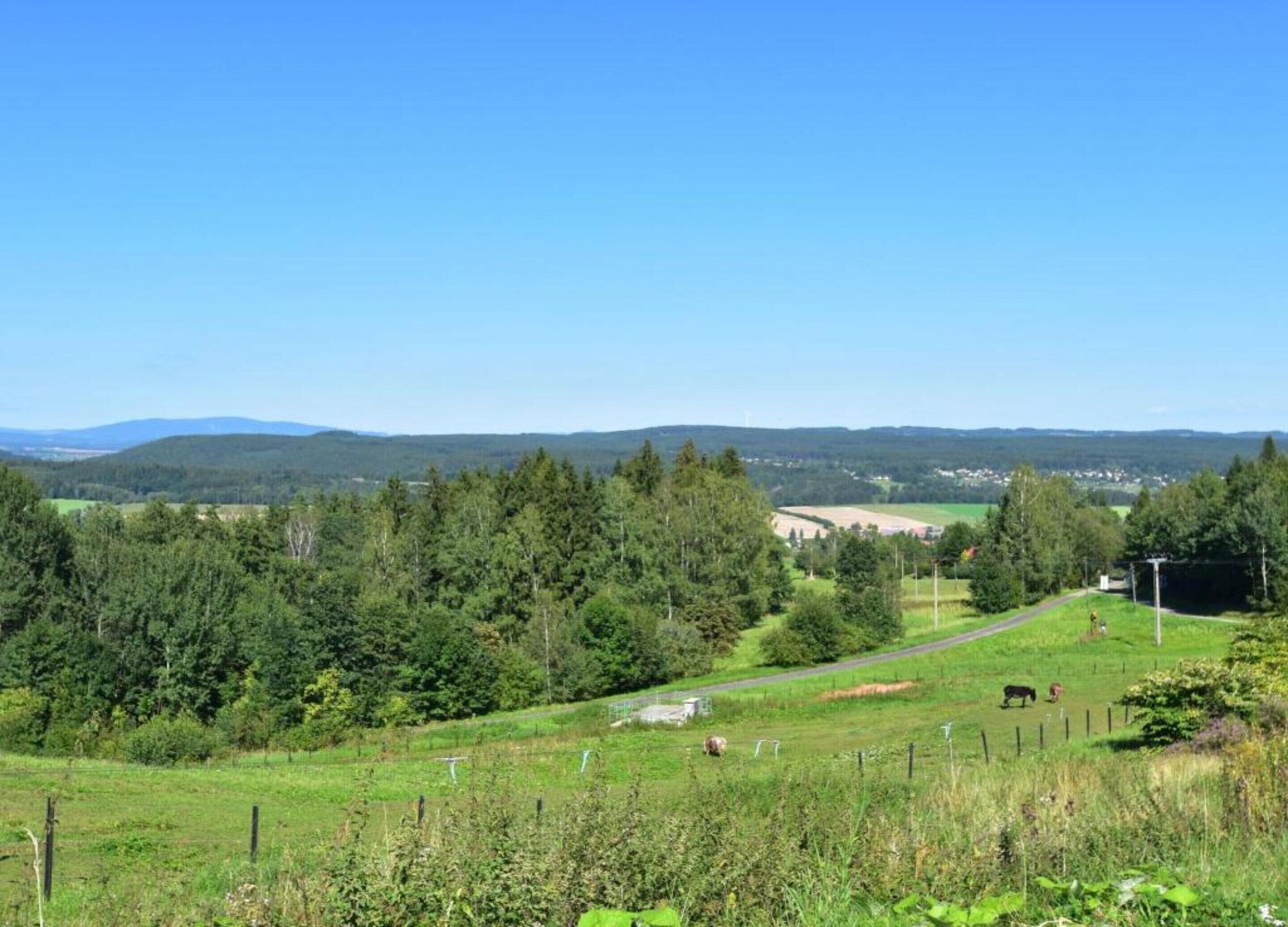 A rural landscape with a road, green fields, and a distant town.
