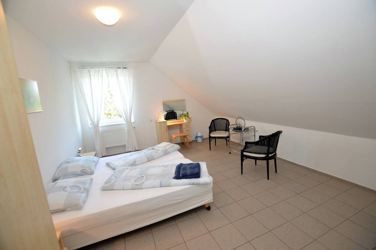 Une chambre à coucher avec un lit, un bureau, une chaise et un radiateur.
