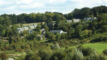 A residential area with houses on a hillside, surrounded by trees and greenery.