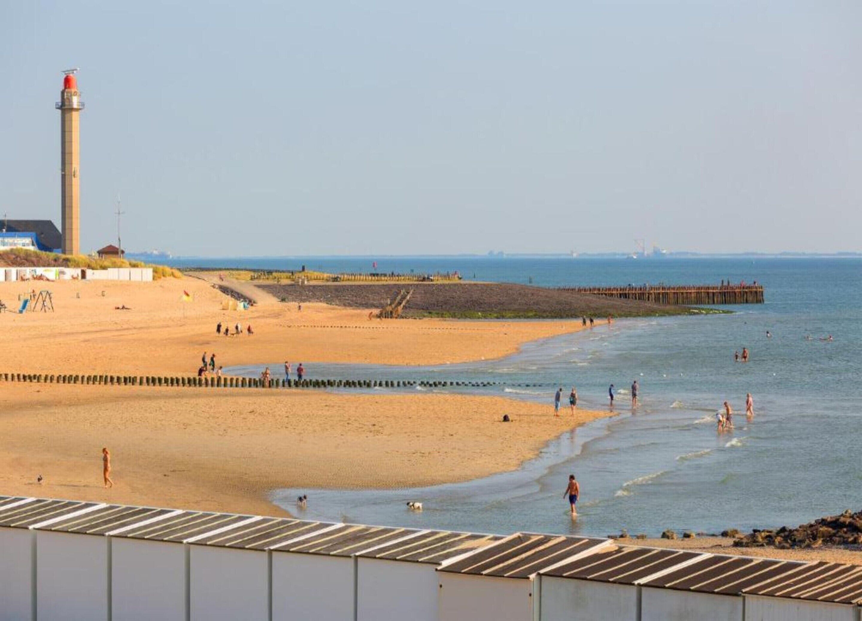 A beach with a lighthouse, sandy shore, and a pier.