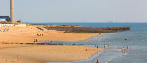 A beach with a lighthouse, sandy shore, and a pier.