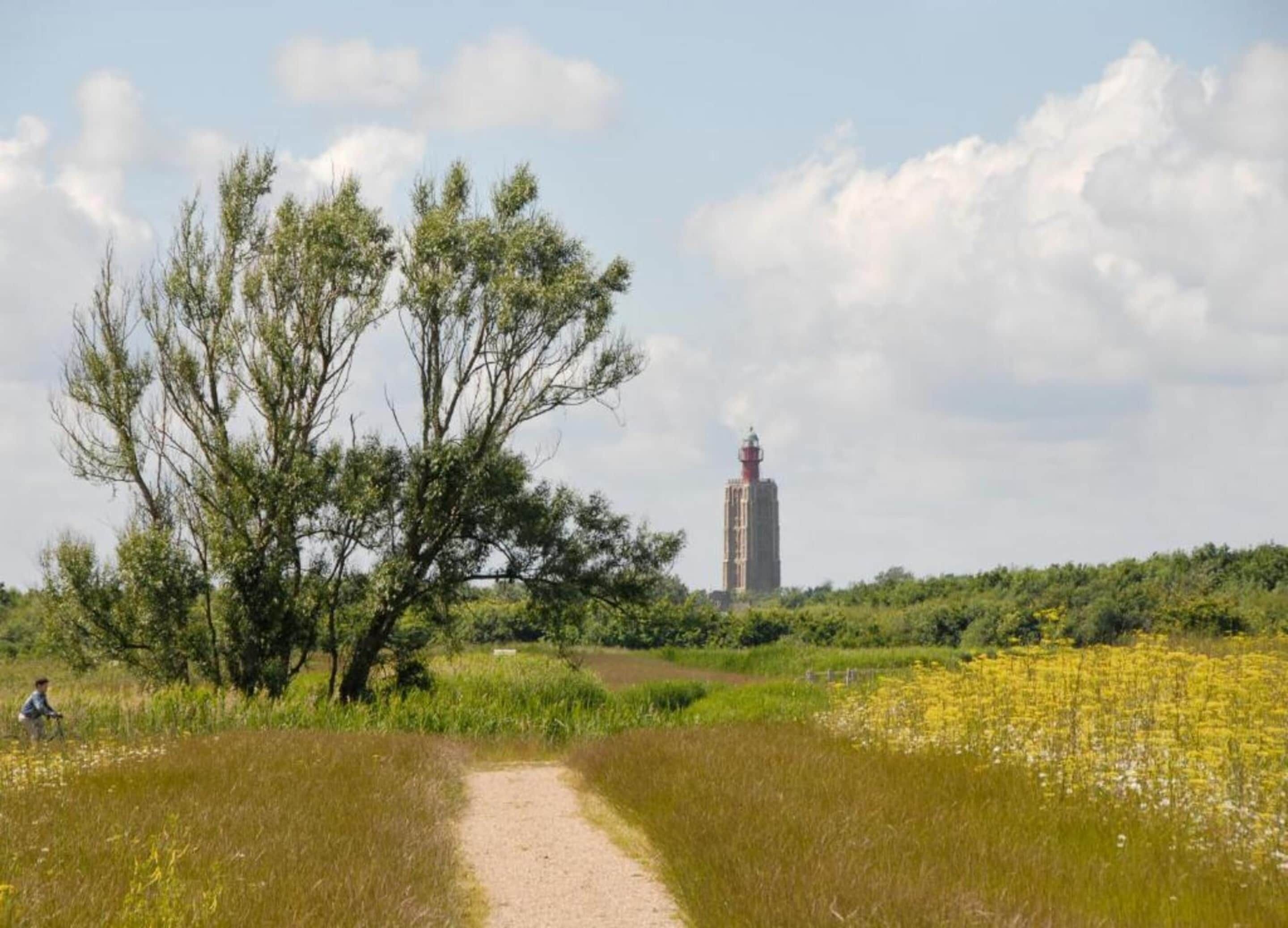 A rural landscape with a path leading to a tall building with a red top, surrounded by trees and fields.