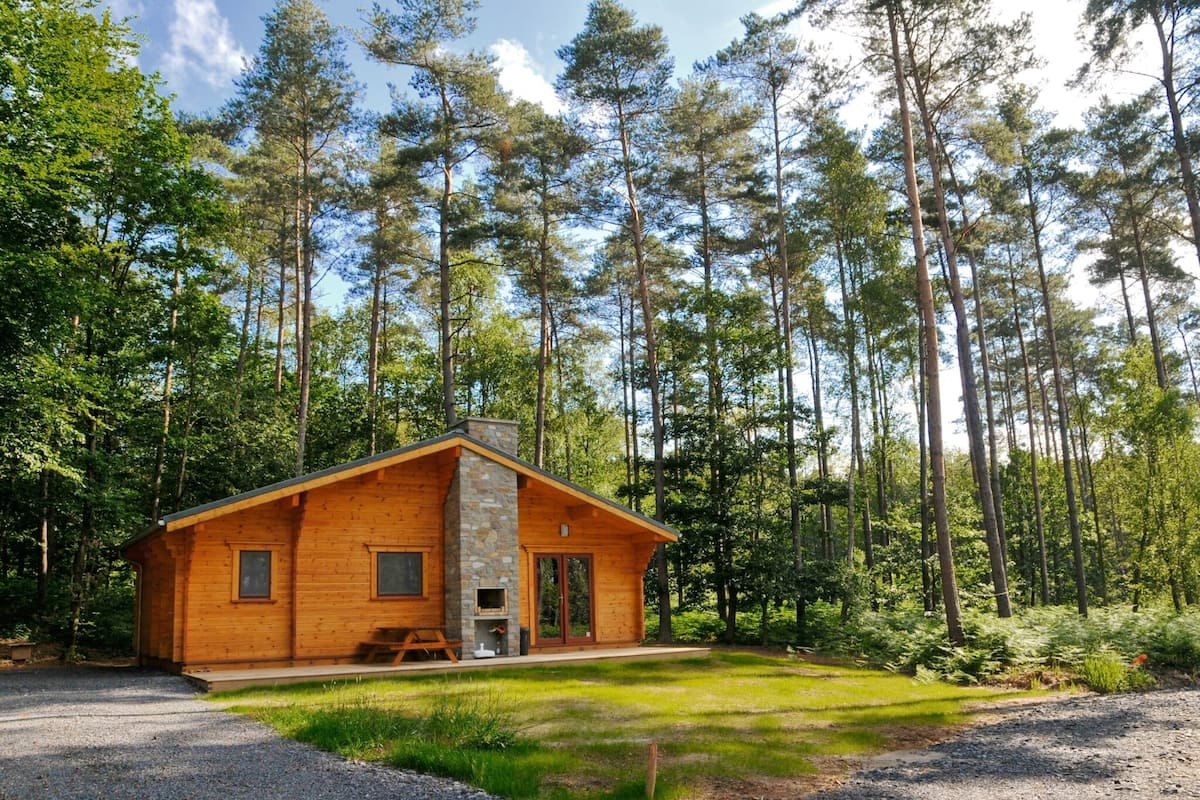 Une cabane avec une cheminée en pierre, des murs en bois et un petit porche.