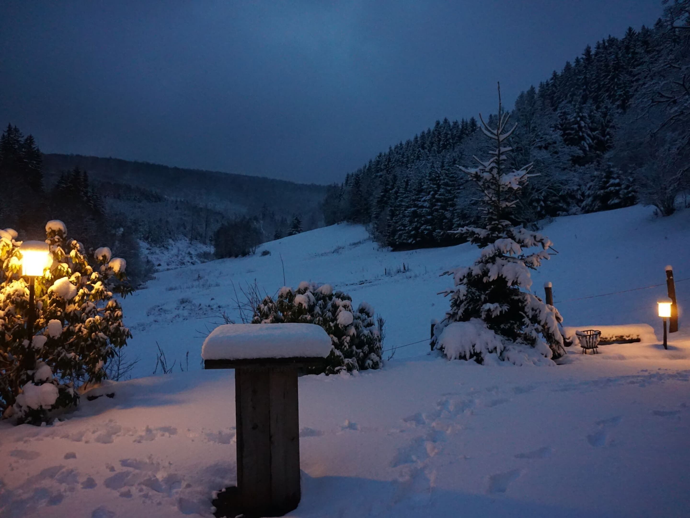 Un paysage enneigé avec un banc et un lampadaire.