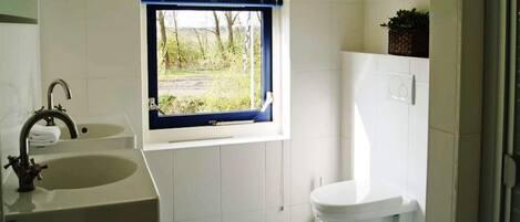 Un baño con ventana, lavamanos y retrete.