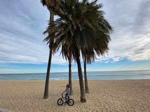 Ein sandiger Strand mit einer Person, die unter Palmen Fahrrad fährt.